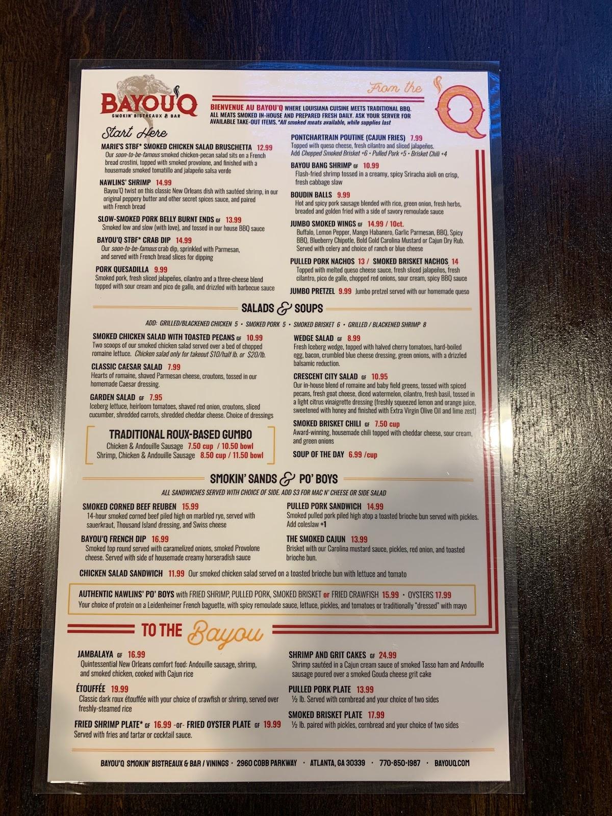 Menu At Bayou Q Atlanta Bbq Atlanta