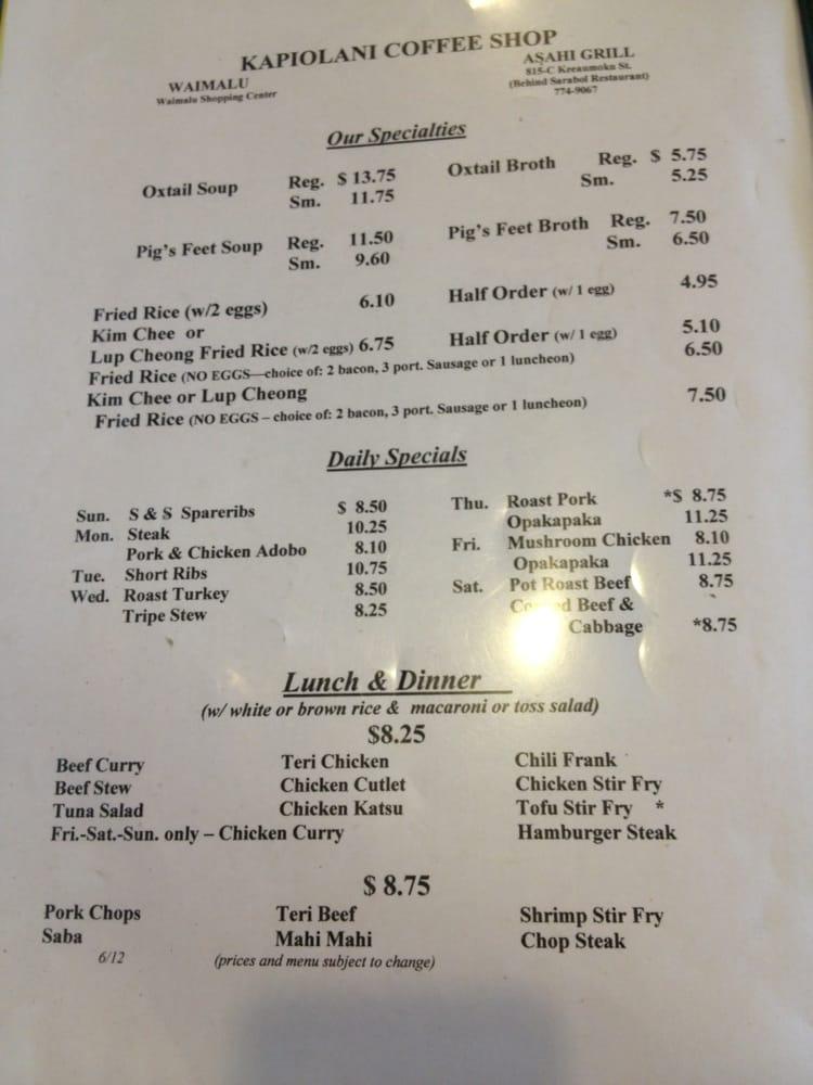 Menu at Kapiolani Coffee ShopWaimalu restaurant, Aiea, 98020