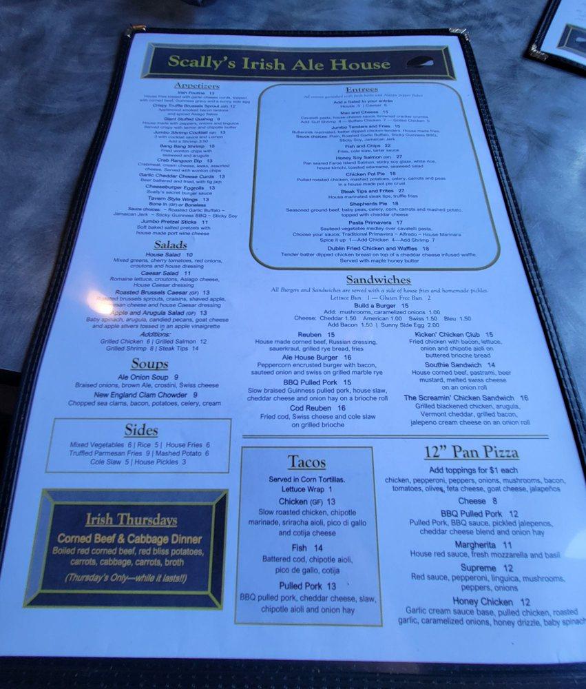 Menu at Scally's Irish Ale House pub & bar, Yarmouth
