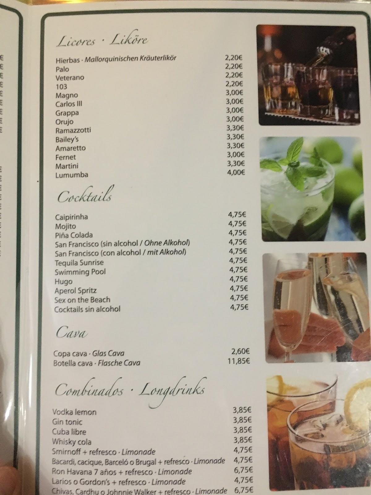 Menu at Bar La Blanca Paloma, Peguera