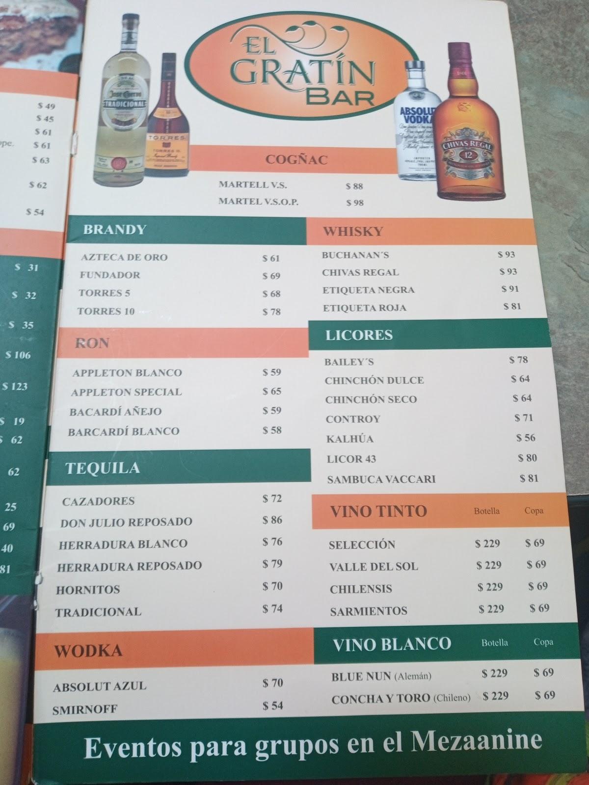 Menu at El Gratín restaurant, Morelia