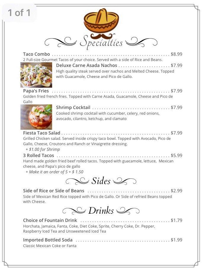 Carta de comida rápida Casa de Papa Gourmet Tacos, Surprise