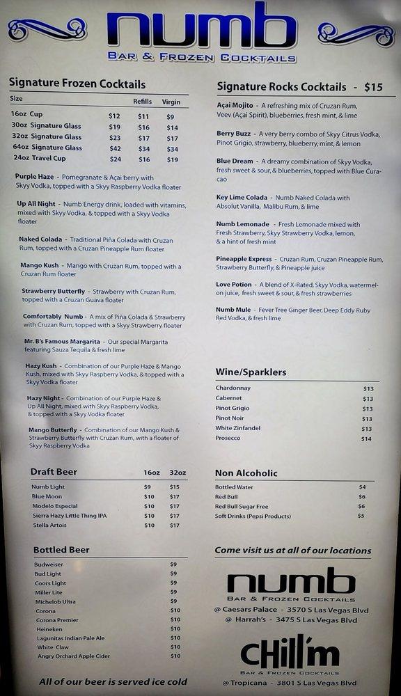 Menu at Numb Bar & Frozen Cocktails at Caesars Palace, Las Vegas, S Las