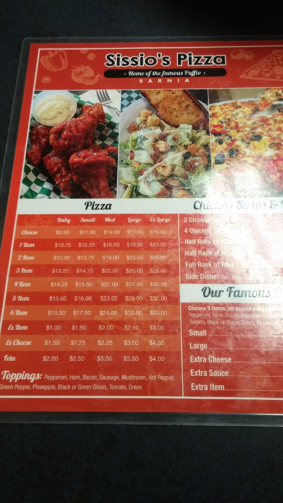 Menu at Sissio's Pizza pizzeria, Sarnia, 869 Exmouth St
