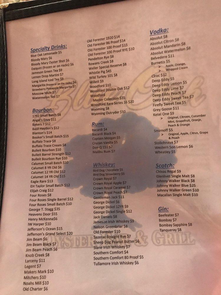 Menu at Blue Oak Oyster Bar and Grill, Martin