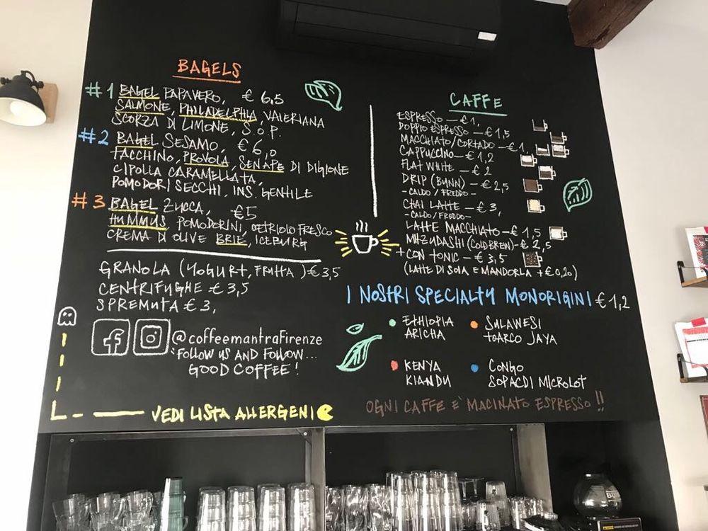 Menu at Coffee Mantra cafe, Florence