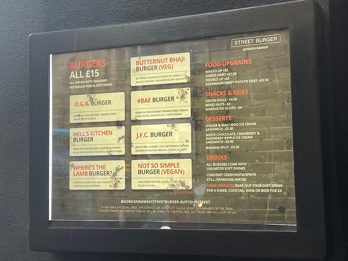 Carta del restaurante Gordon Ramsay Street Burger Charing Cross Road