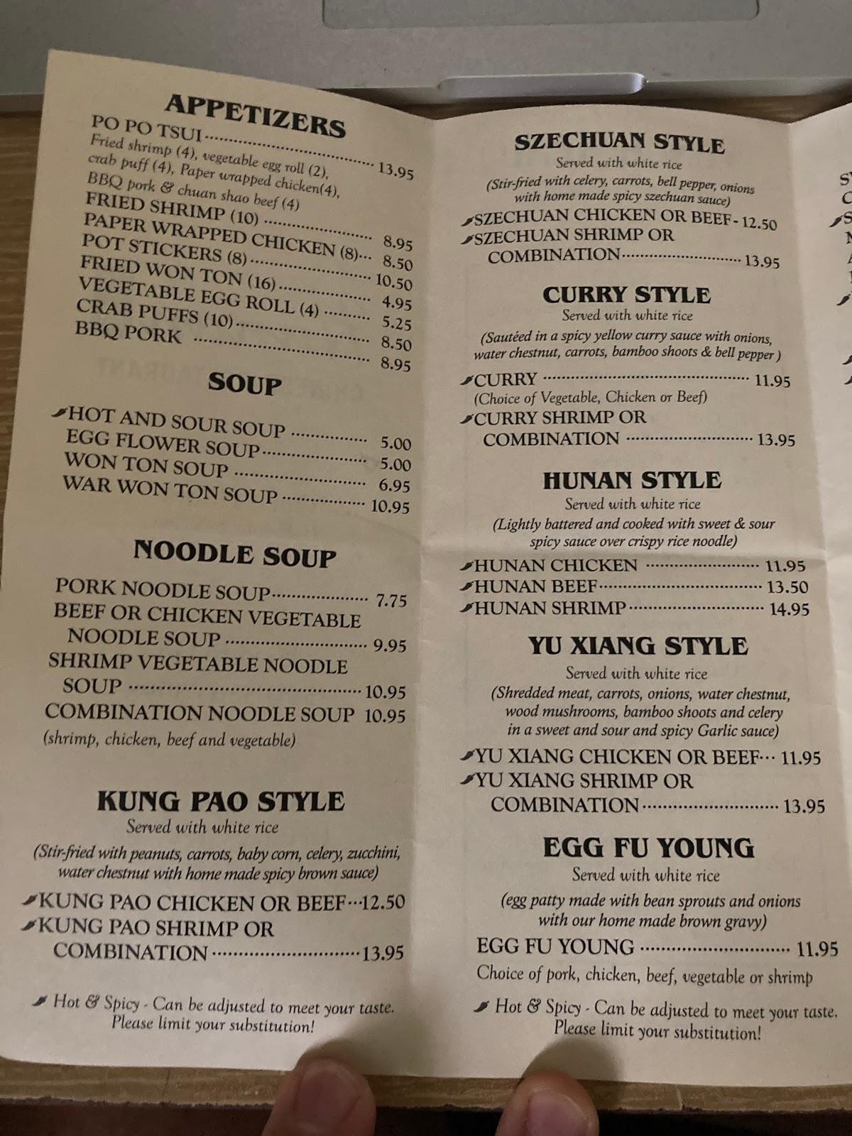 Menu at Hunan Chinese Restaurant, La Pine, US97