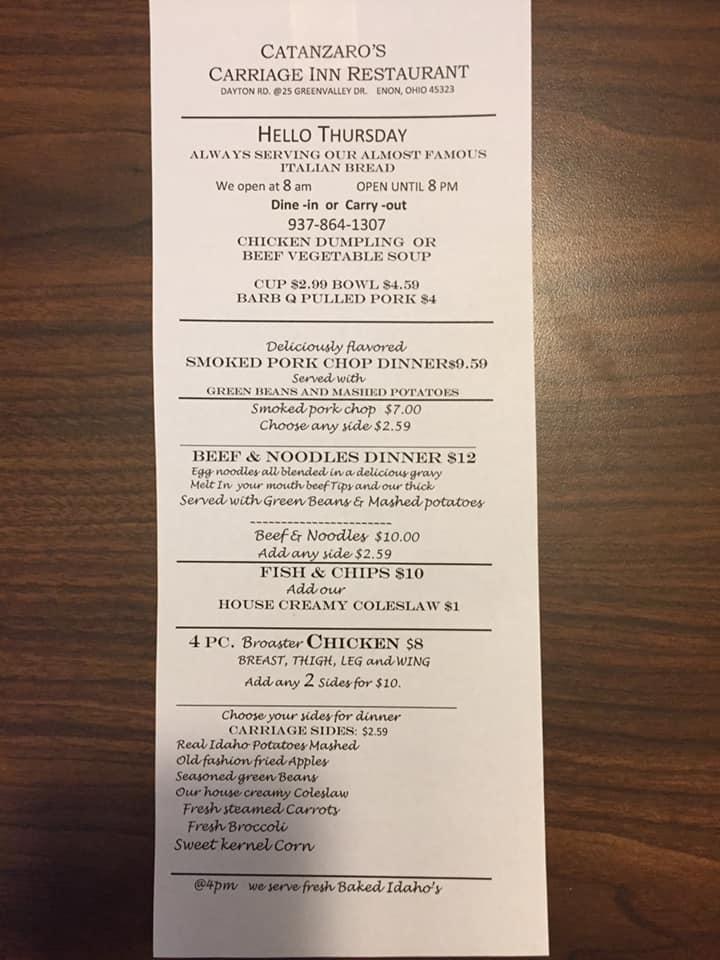 Menu at Carriage Inn Restaurant, Enon