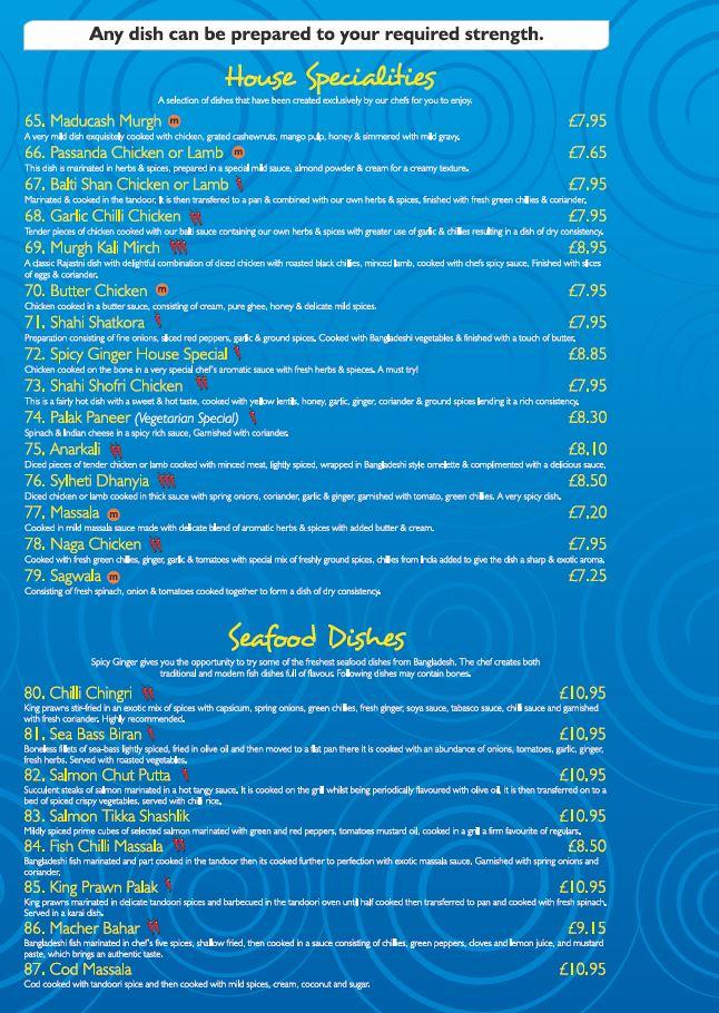 Menu at Spicy Ginger restaurant, Warrington