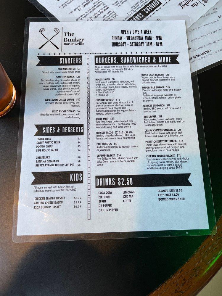 Menu at The Bunker Bar and Grille, Lago Vista