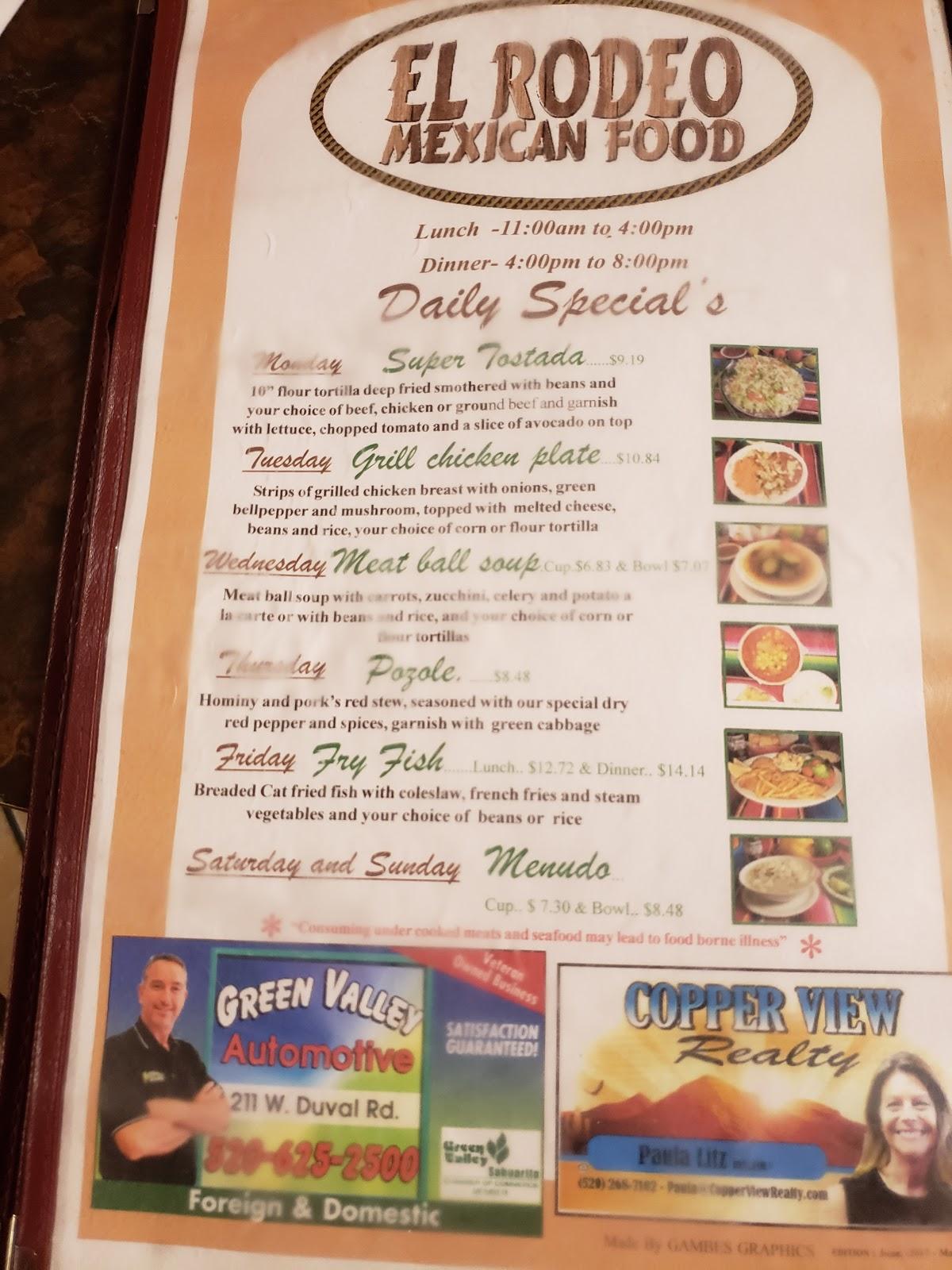 Menu at El Rodeo Mexican Food restaurant, Green Valley