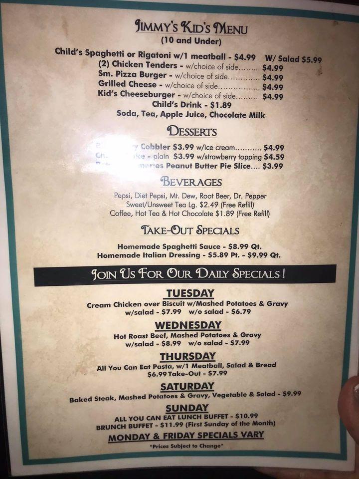 Menu at Jimmy's Diner Inc restaurant, Shinnston