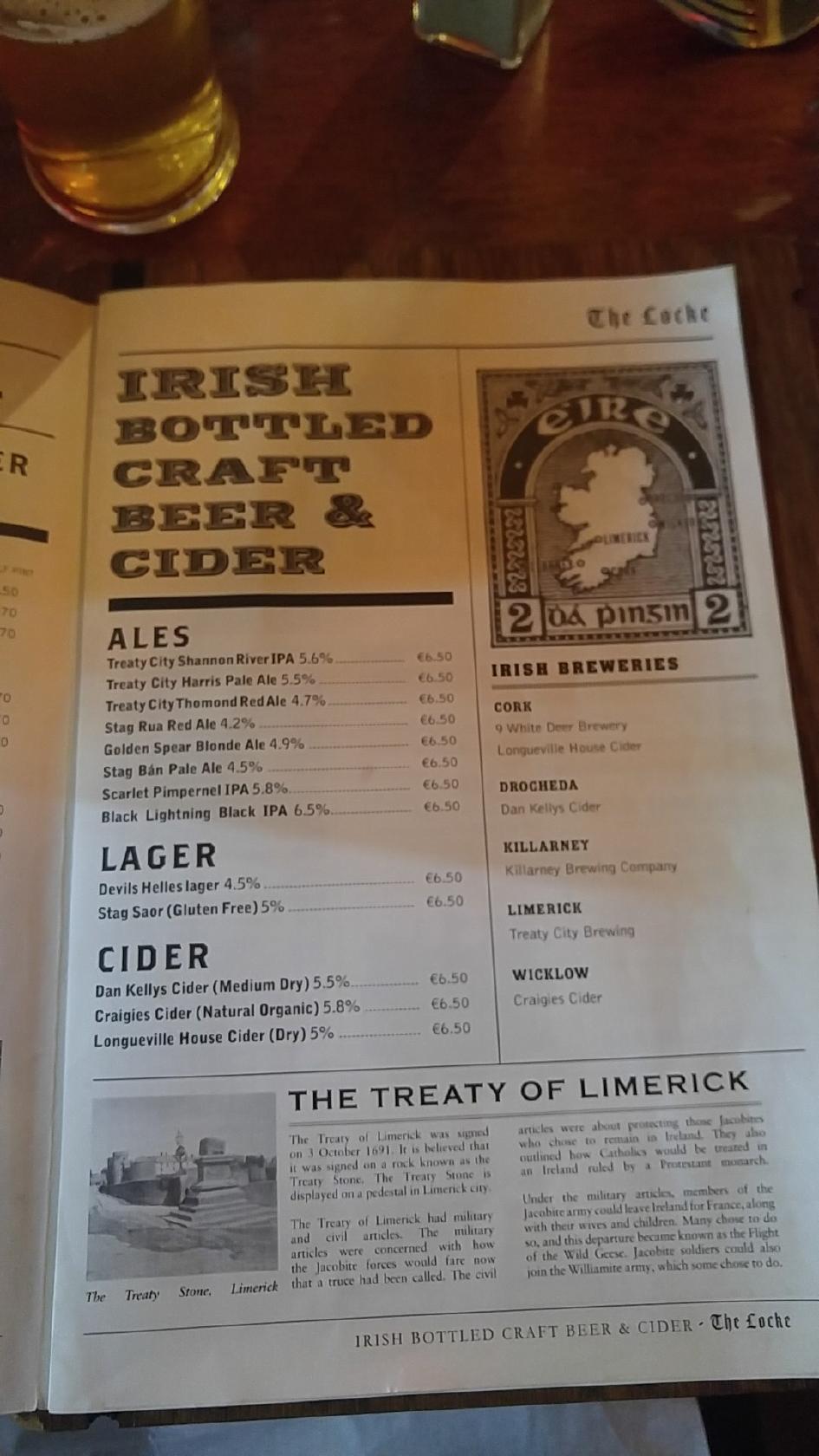 Menu at The Locke Bar, Limerick