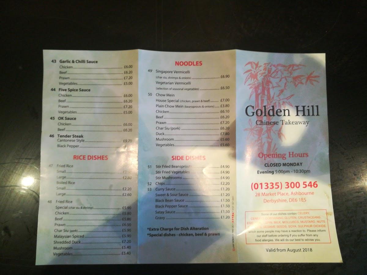 Menu at Golden Hill Chinese Takeaway fast food, Ashbourne
