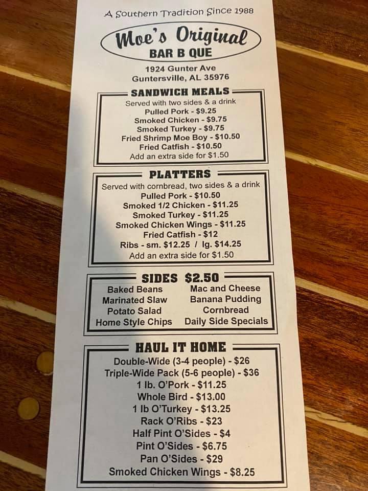 Menu at Moe's Original BBQ Guntersville, Guntersville