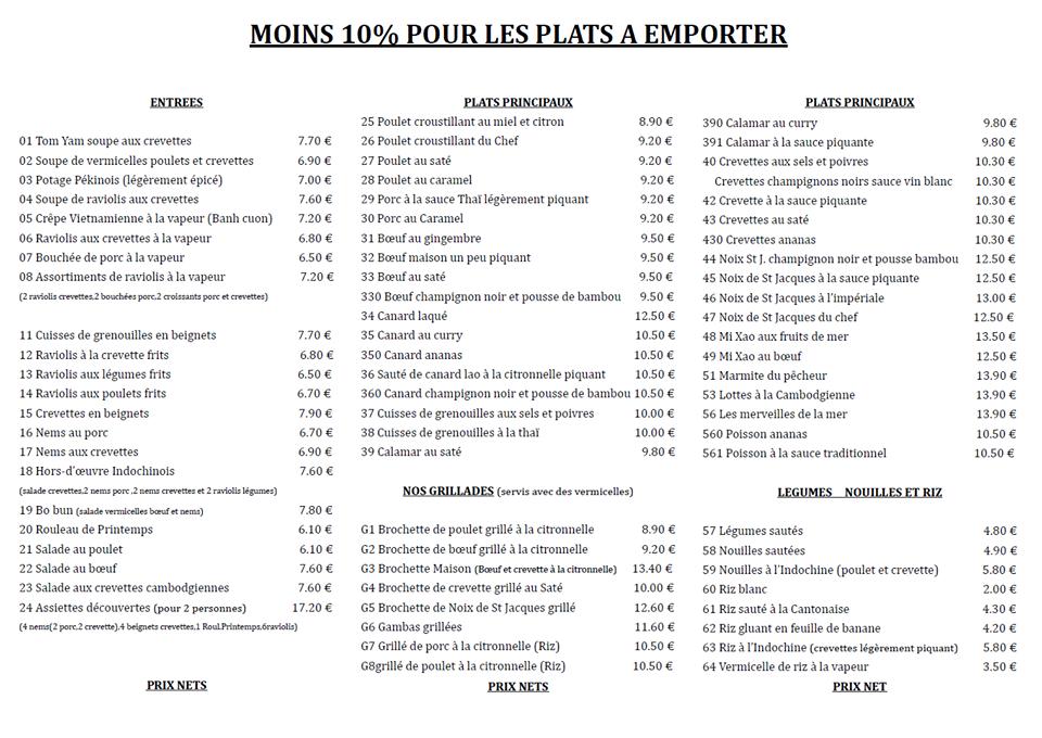 Menu de L'Indochine