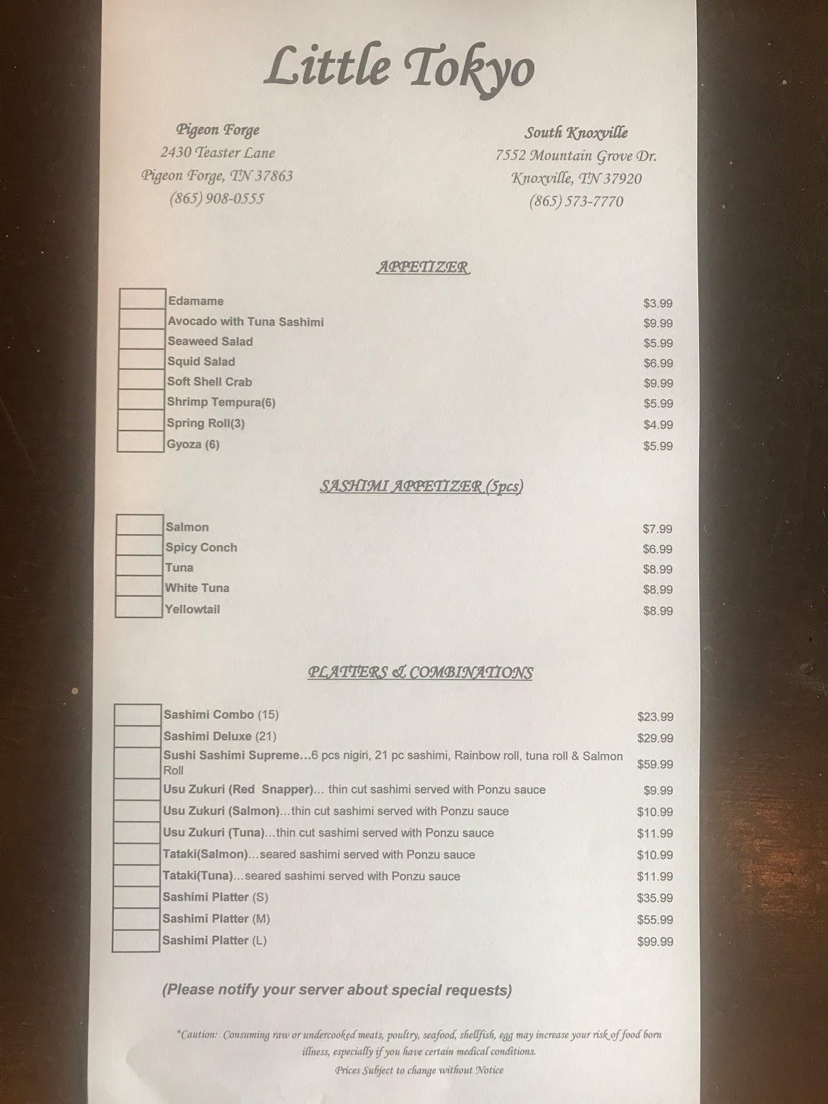 Menu at Little Tokyo Restaurant, Pigeon Teaster Ln 212