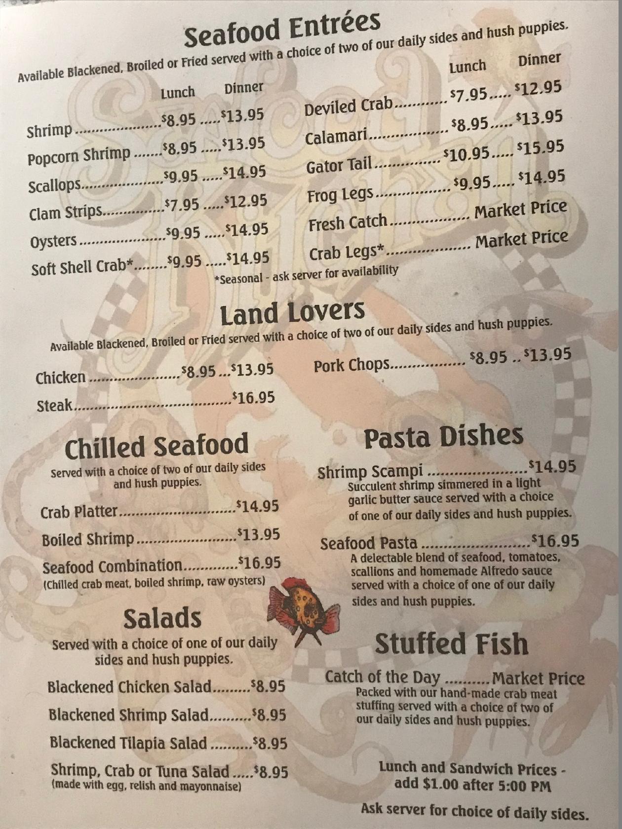 Menu At Seafood Kitchen Of St Augustine Restaurant Saint Augustine Beach