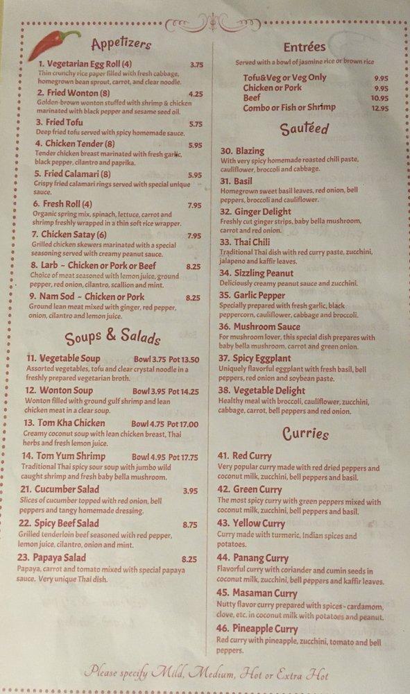 Menu at Thai Pepper restaurant, Baton Rouge
