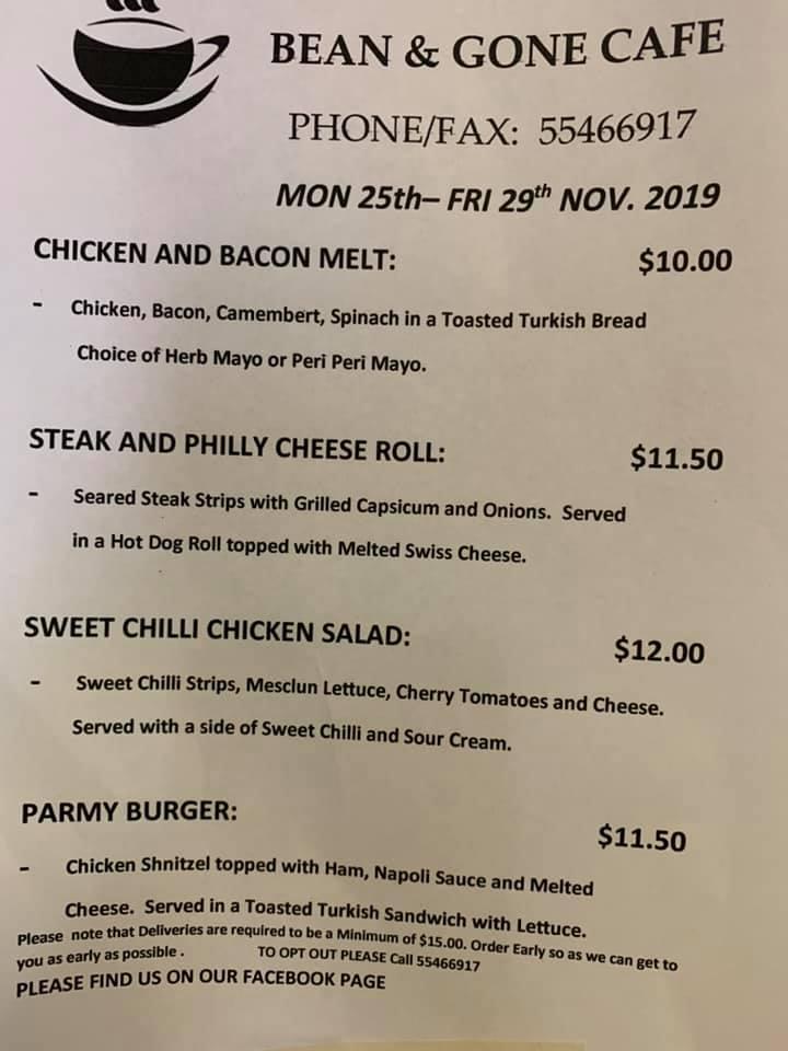 Menu at Bean & Gone Cafe, Ormeau