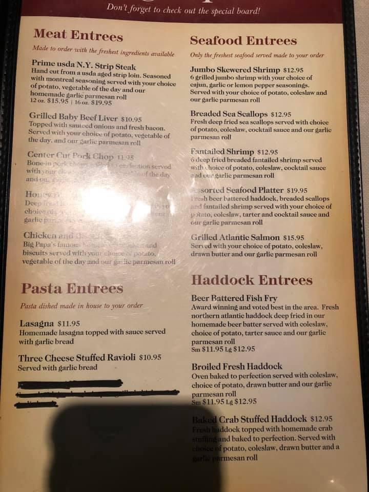 Menu at Big Papa's restaurant, Canisteo