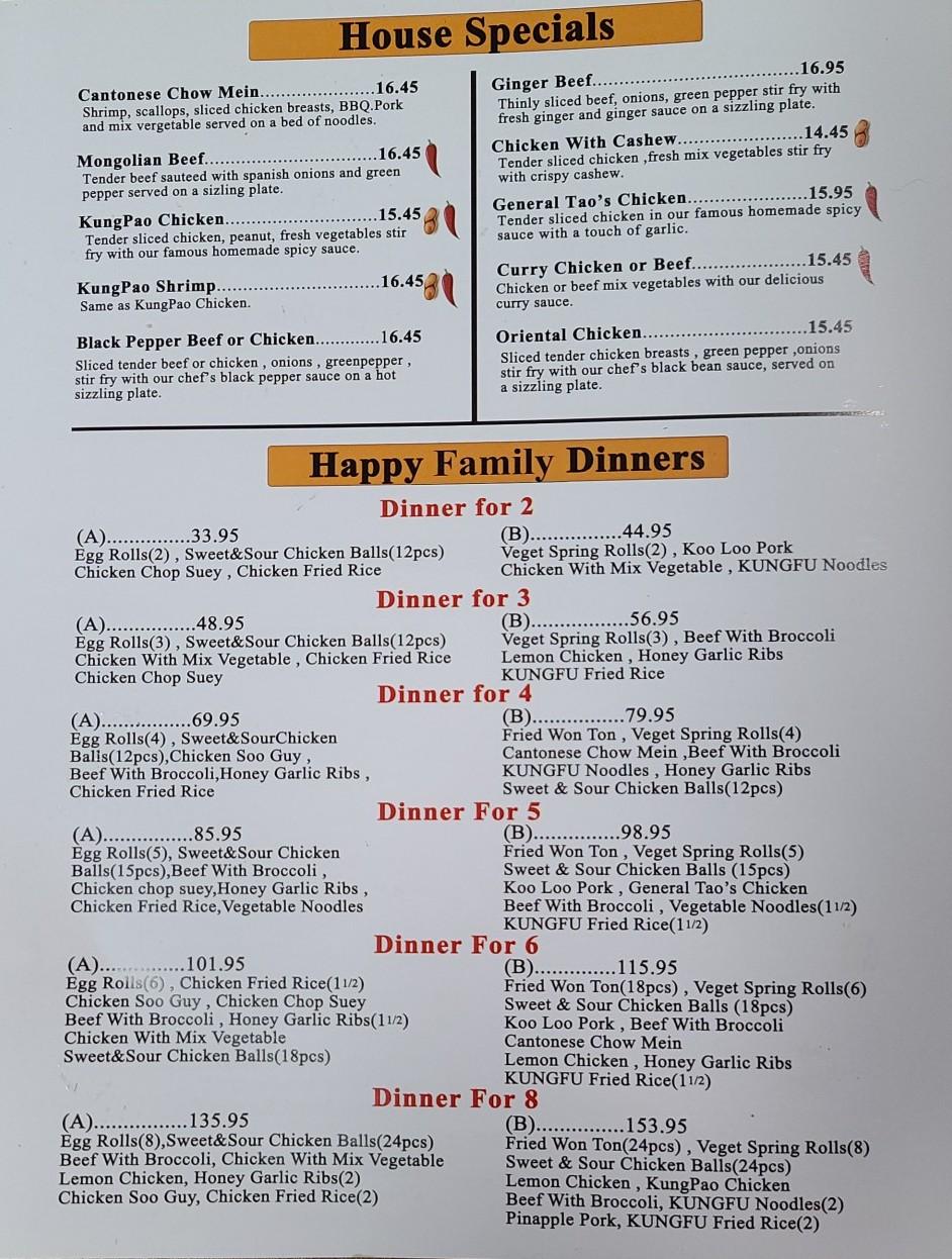 Menu at Kung Fu Chinese Restaurant, St. John's