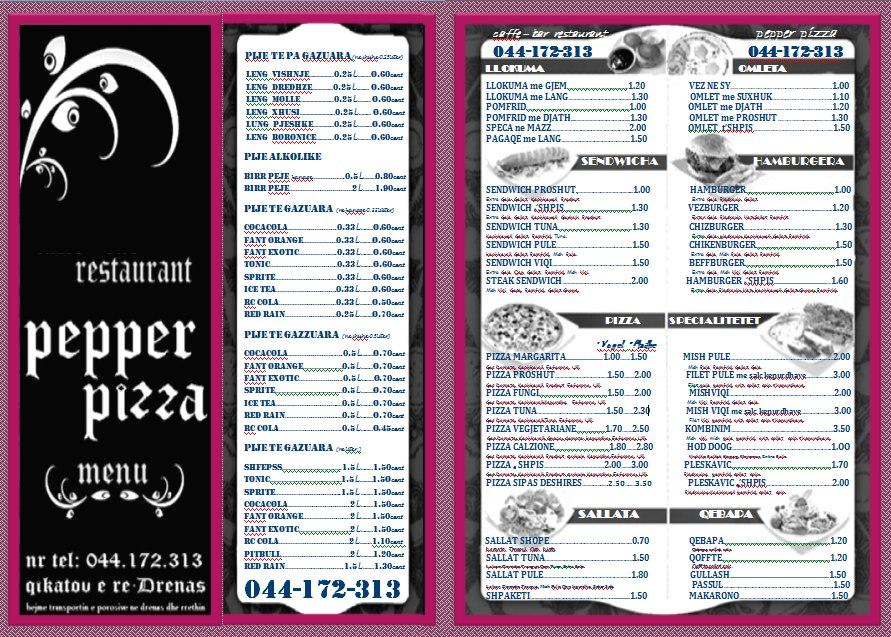Menu at Pepper PizzaDrenas pizzeria, Kosovo
