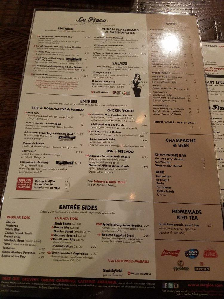 Menu at Sergio's Restaurant, Pembroke Pines