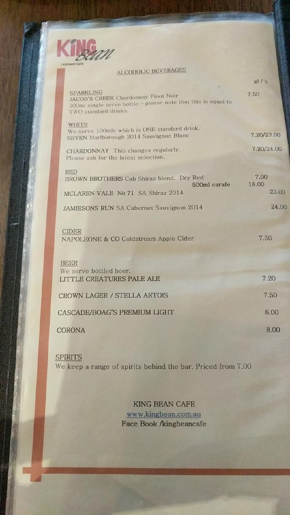 Menu at King Bean Cafe, Wantirna, Boronia Rd