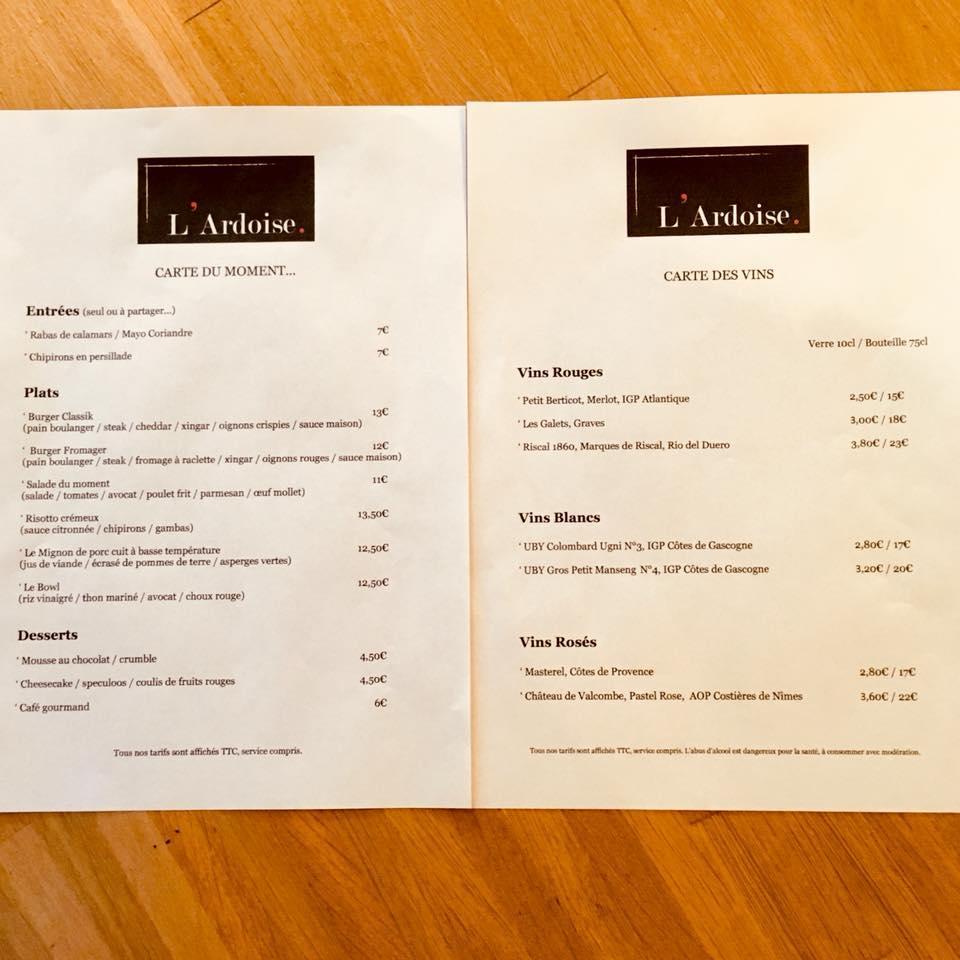 Menu au L’Ardoise restaurant, Soustons