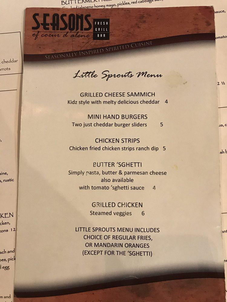Menu at Seasons of Coeur d'Alene pub & bar, Coeur d'Alene