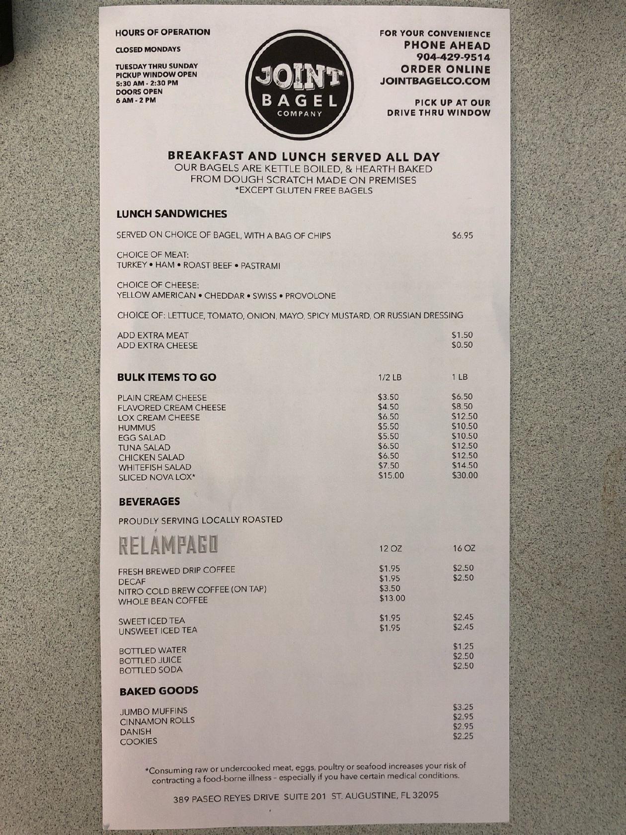 Menu at Joint Bagel, Jacksonville
