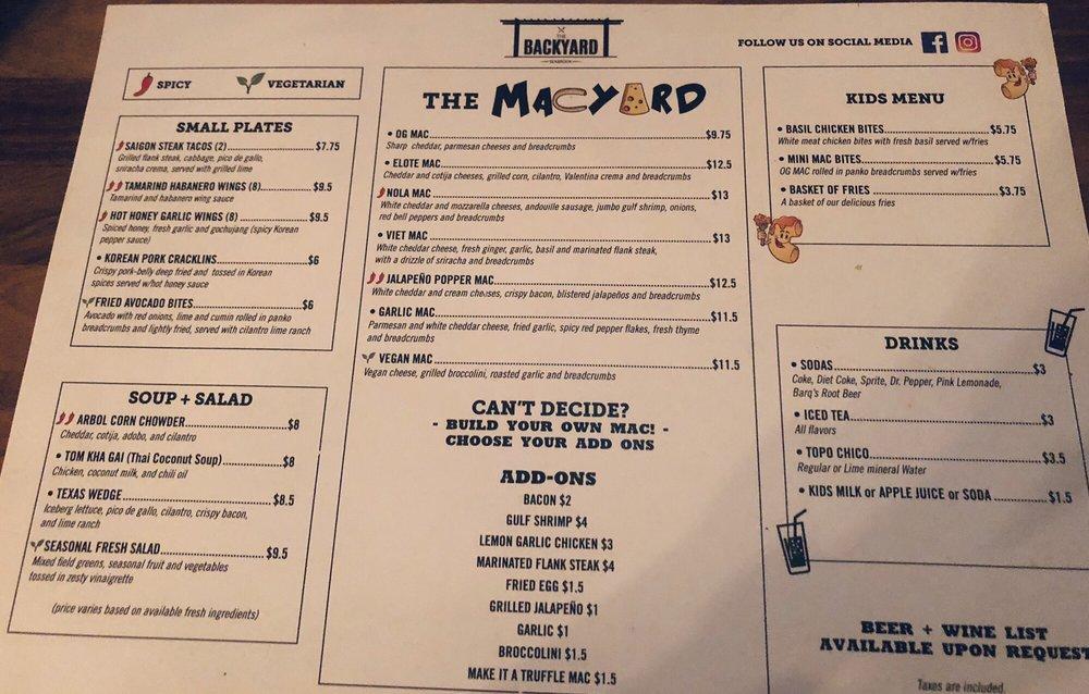 Menu at The Backyard restaurant, Seabrook