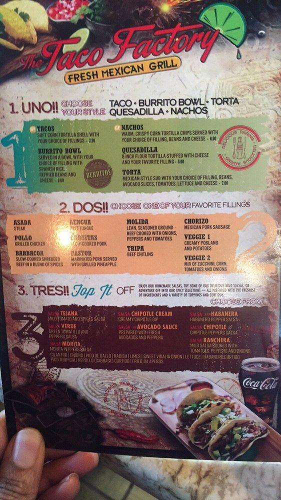 Menu at The Taco Factory restaurant, Rockingham