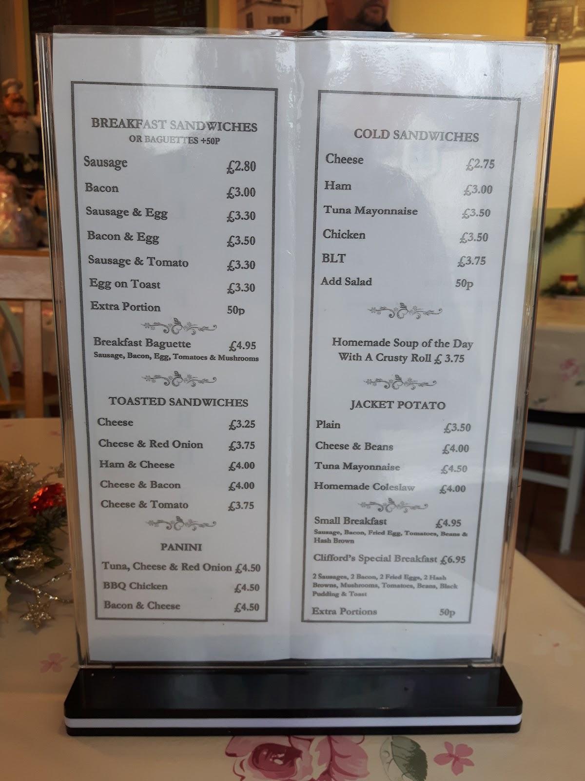 Menu at Cliffords cafe, Polesworth