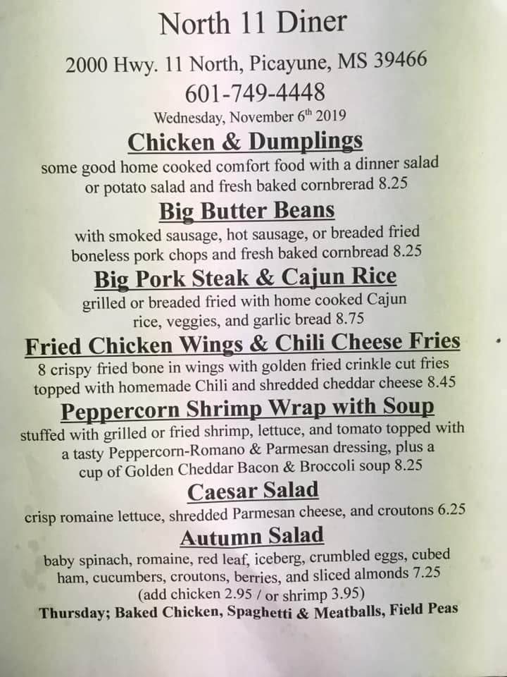 Menu at North 11 Diner restaurant, Picayune