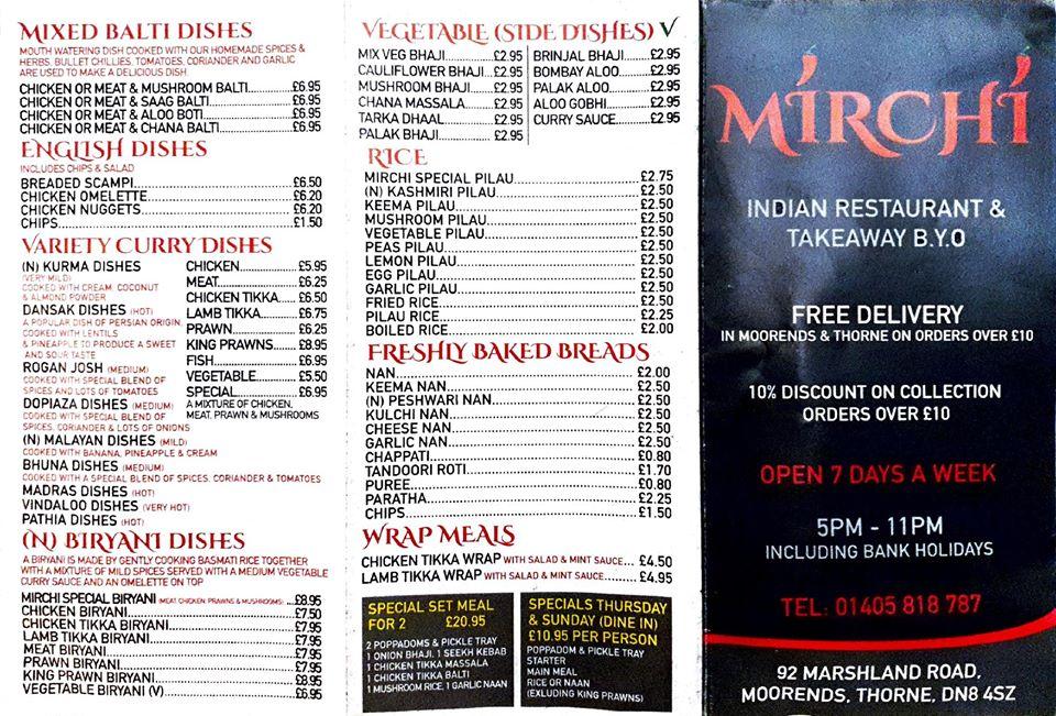 Menu at Mirchi fast food, Moorends