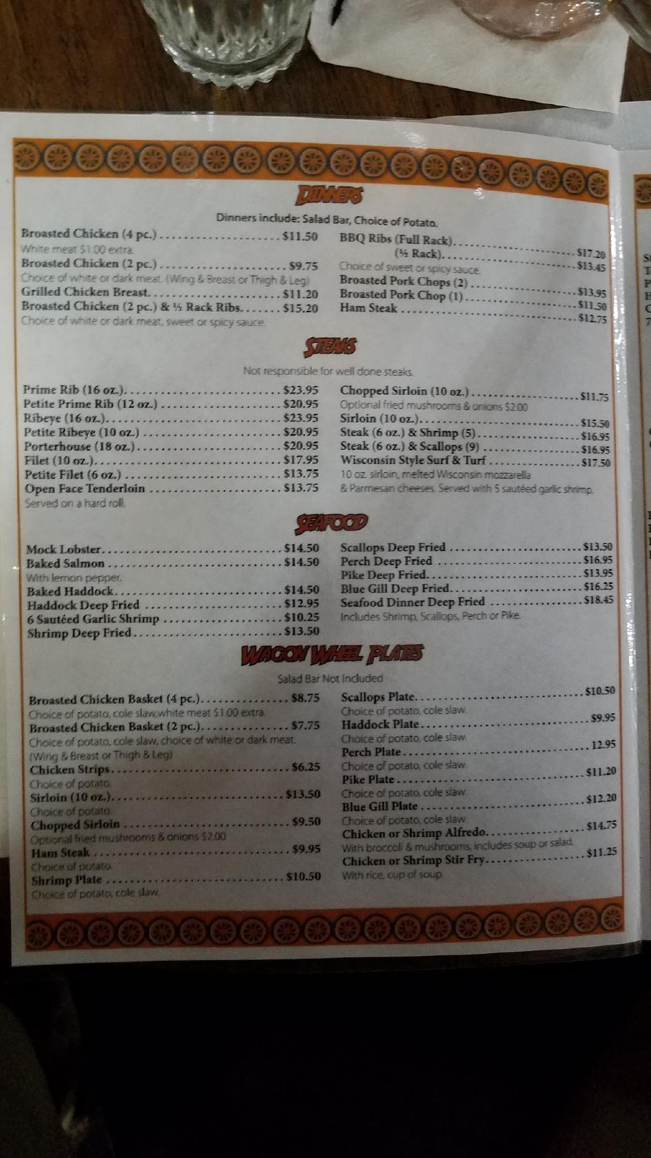 Menu at Klemme's Wagon Wheel restaurant, Howards Grove, 120 S Wisconsin Dr