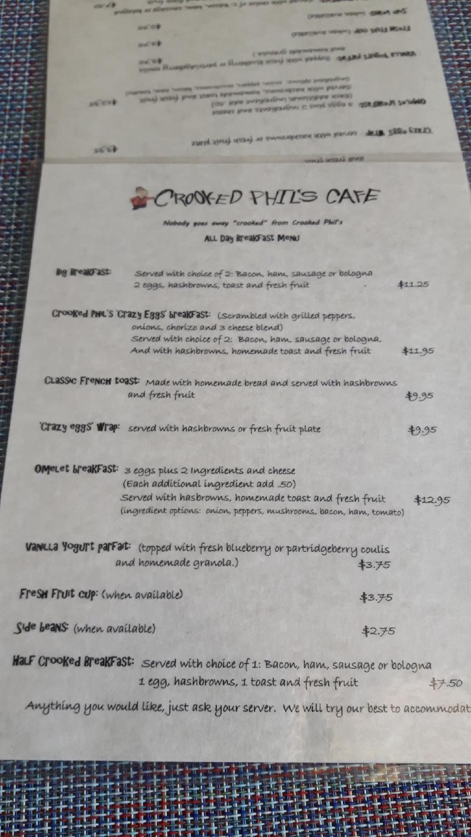 Menu at Crooked Phil's Cafe, Carbonear