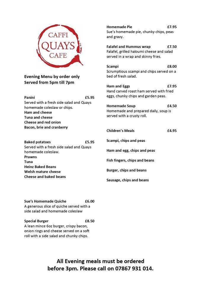 Menu at Quays Cafe, Amlwch