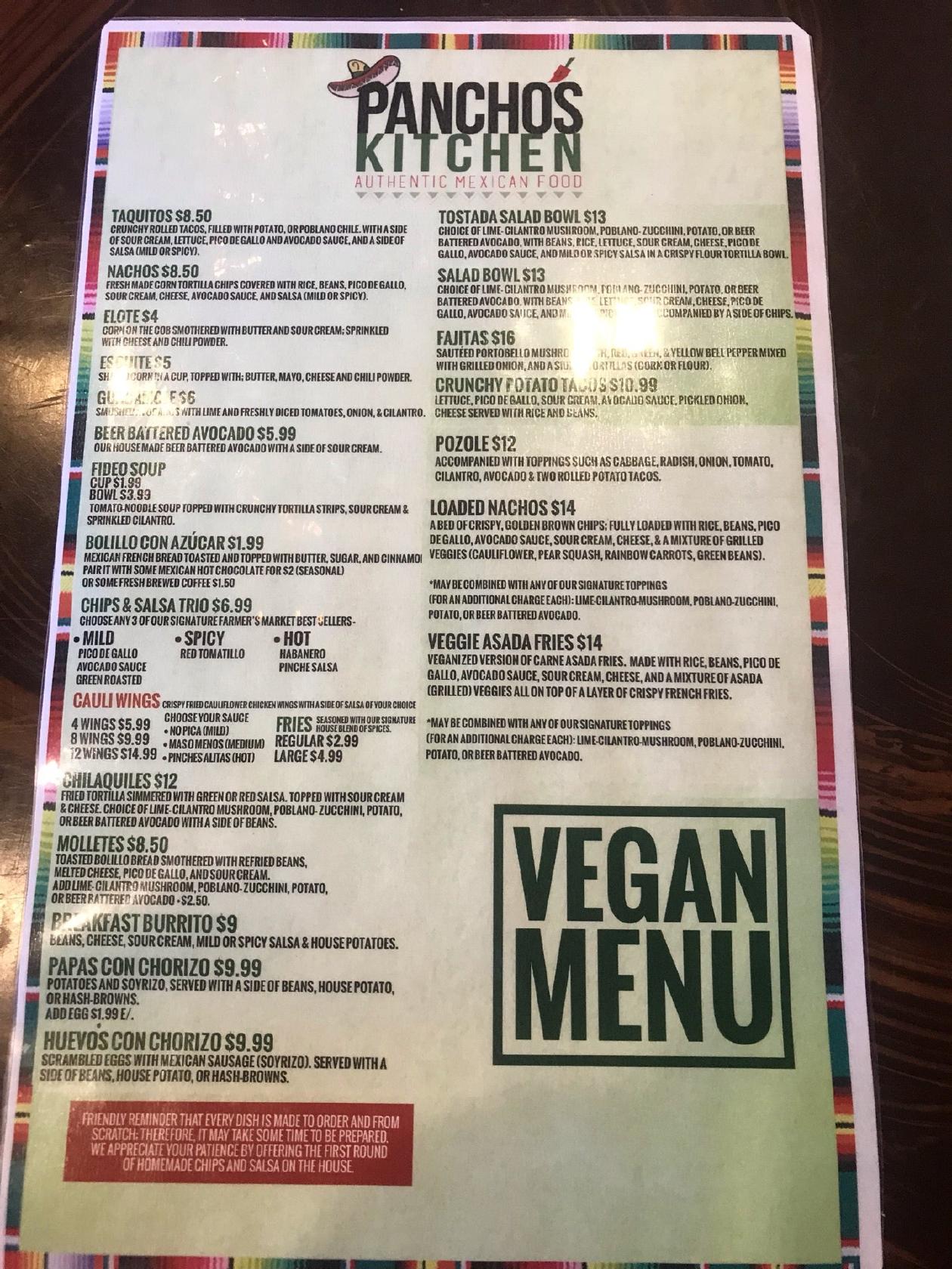 Menu at Pancho's Kitchen restaurant, Las Vegas, W Charleston Blvd