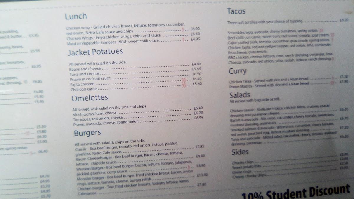 Menu at Retro Cafe, Southampton