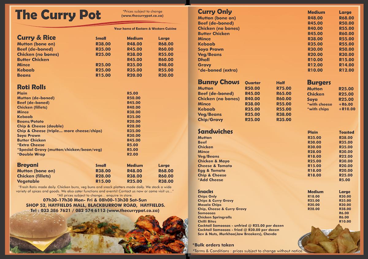 Menu at THE CURRY POT restaurant, Pietermaritzburg, Shop 52