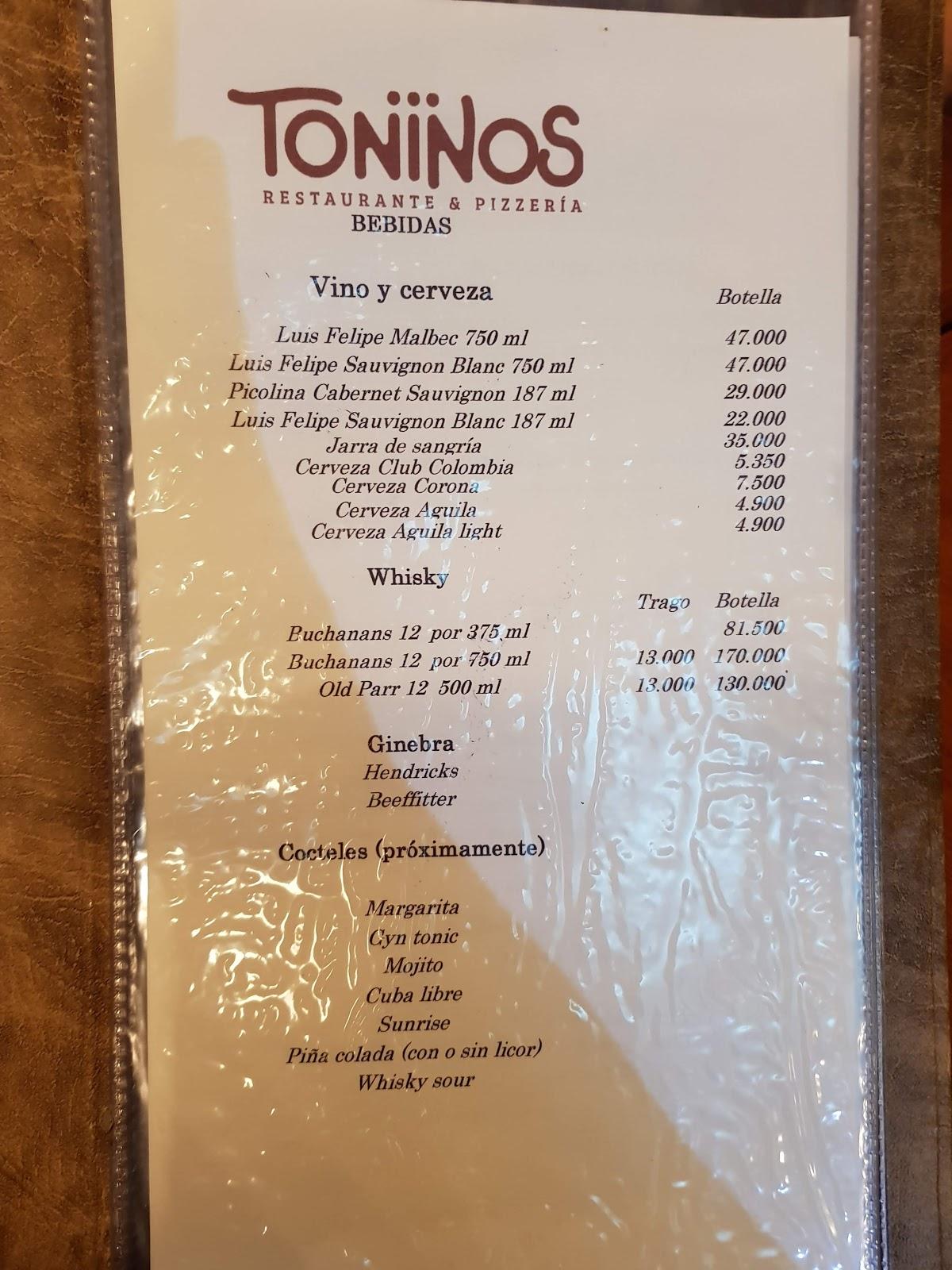 Menu at Toninos Pizza restaurant, Cartagena, 236