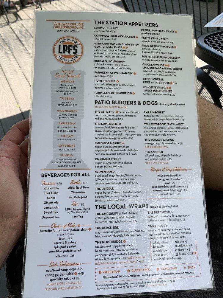 Menu at Lindley Park Filling Station restaurant, Greensboro, Walker Ave