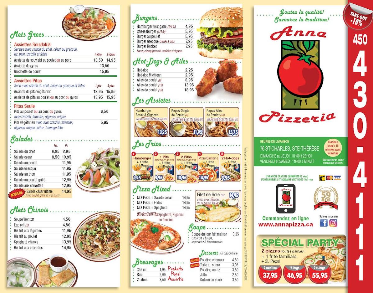 Menu au Anna Pizzeria Restaurant, SainteThérèse