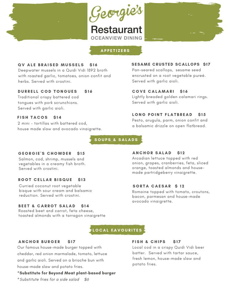 Menu at Anchor Inn Hotel restaurant, Twillingate