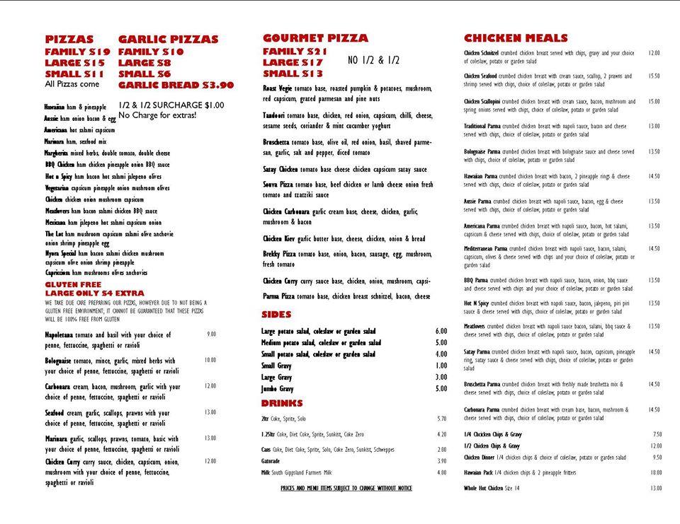 Menu at Nyora Pizza and Takeaway pizzeria, Nyora