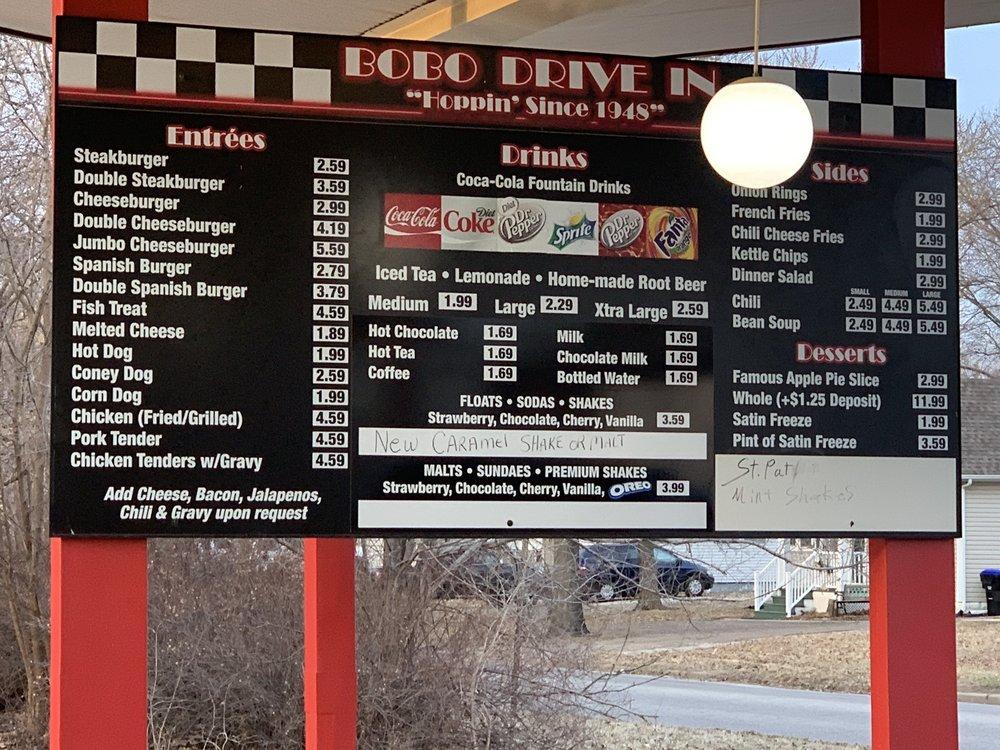 Menu at Bobo's Drive In fast food, Topeka